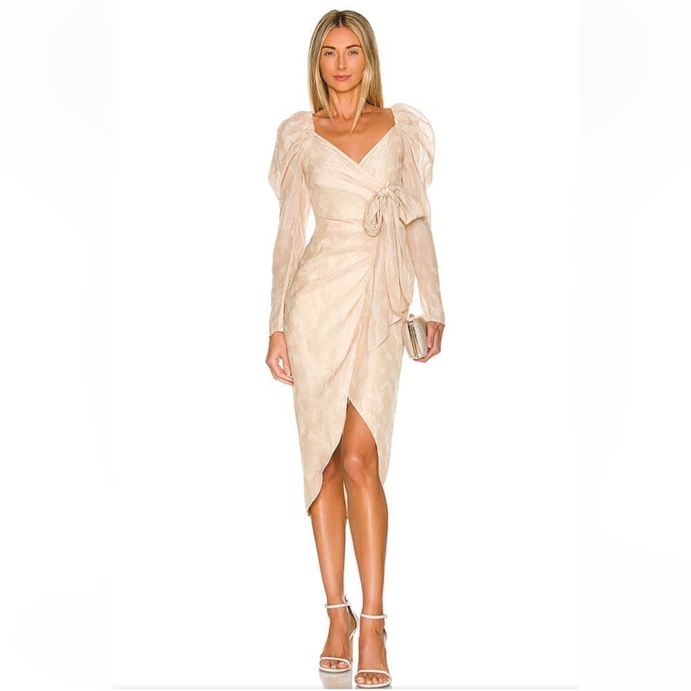 Tularosa Rene Dress sandstone beige midi puff sleeve bow romantic Revolve